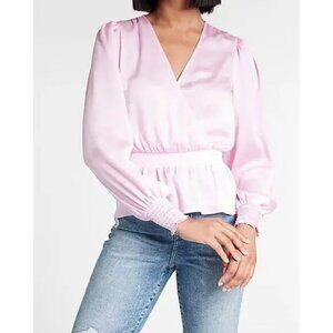 Express Satin Long Sleeve Faux Wrap Peplum Top XS